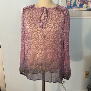 Lucky Brand Floral Split Neck Sheer Blouse Top size M